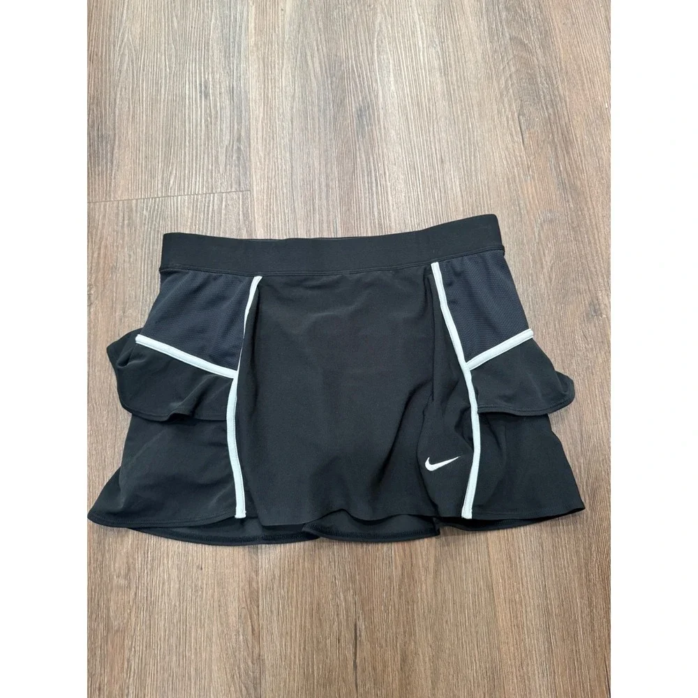 Nike Fit Dry‎ Women Black Ruffle Back Tennis Skort Size S White Piping 3150